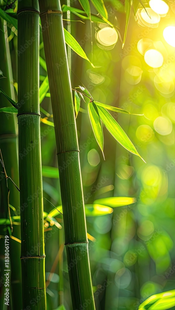 Obraz premium Vibrant green bamboo stalks bathed in golden sunlight with soft bokeh.