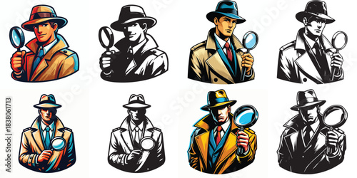 vector and silhouette set of detectives on white background