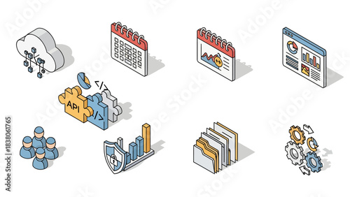 Isometric vector icons depicting business technology, data management, cloud computing, API integration, analytics, and secure organizational processes