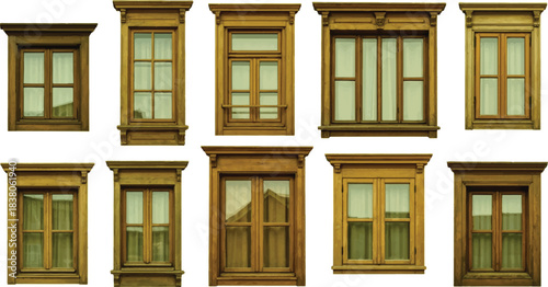 collection of ten wooden windows, showcasing a variety of designs and shapes. Arranged in two rows, these windows are crafted from yellowish-brown wood, giving them a warm