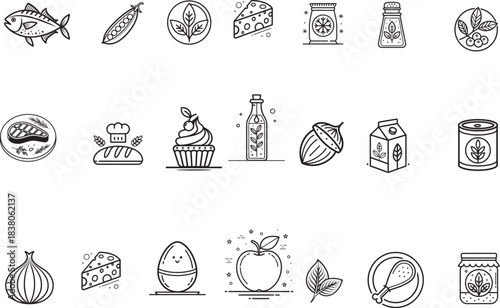 Food and Cooking Outline Icon Set. Thin Line Art Vector Collection of Ingredients, Products, and Meals.
