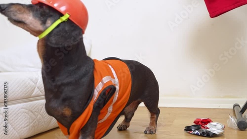 A black and tan dachshund wears an orange construction outfit and helmet while standing indoors beside a white mattress and some scattered items on a wooden floor barks and runs away