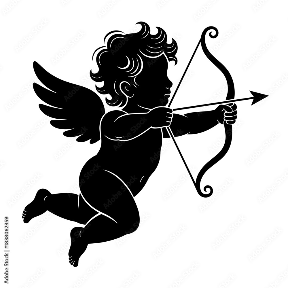 Fototapeta premium Silhouette of cupid with bow and arrow, charming cherub aims arrow with precision, delicate wings spread gracefully. Cupid representation ideal for Valentine's Day celebrations, romantic designs.