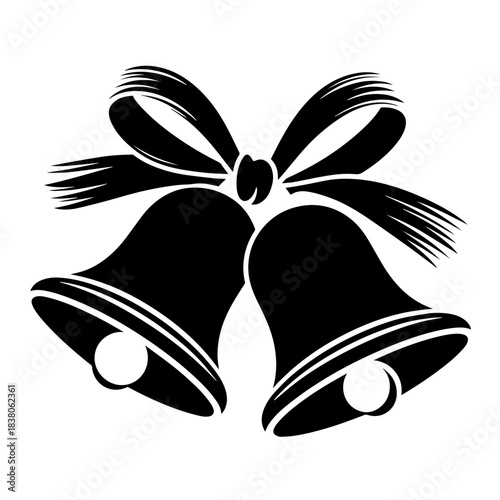 Minimalist silhouette of two Christmas bells tied with a ribbon. Black silhouette design features two bell shapes adorned with a decorative ribbon, perfect for holiday decorations and greeting cards.