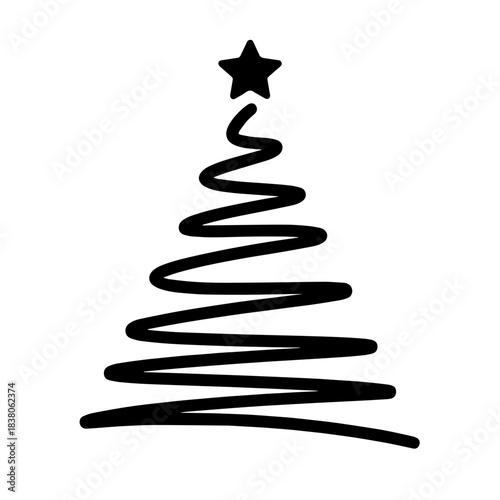 Simple outline of winter tree with star topper in black design. Minimalistic winter tree with swirling branches and star on top, representing festive spirit.