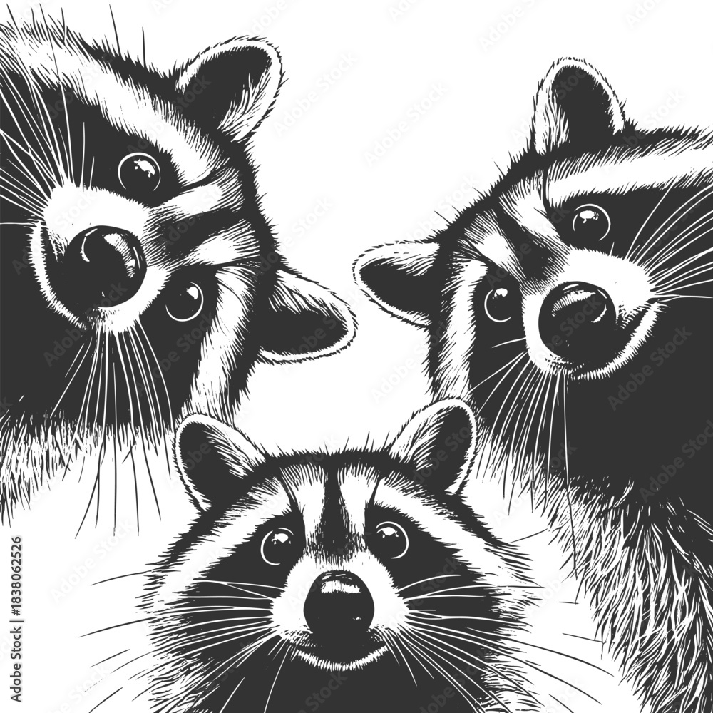 Naklejka premium three raccoons peering downward with wide-eyed expressions, ideal for humor or wildlife themes sketch engraving generative ai vector illustration. Scratch board imitation. Black and white image.