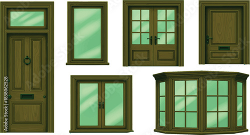 The image features a charming collection of six wooden doors and windows, all framed in a cohesive olive green color that adds a touch of sophistication and warmth to the overall aesthetic.