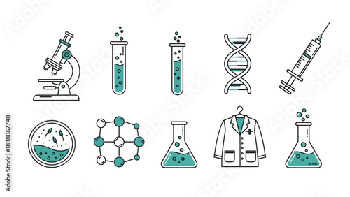 Collection of scientific research icons, including a microscope, DNA, syringes, laboratory equipment, and medical symbols