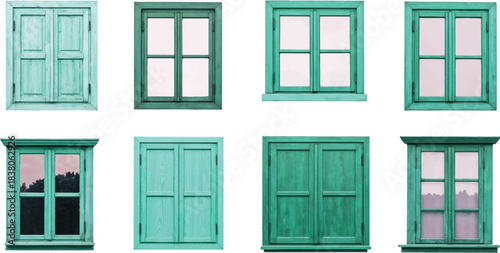 The image features a grid of eight windows, arranged in two rows of four. Each window is painted in a light blue or green hue, creating a cohesive and calming