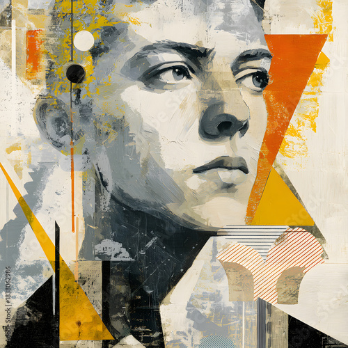 Young man portrait, concept poster, graphic design, illustration  for t-shirt design. Graphic design art.	