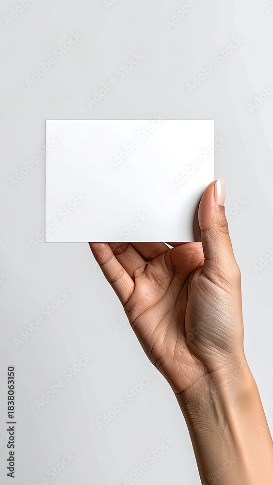 Fototapeta premium Hand holding a blank white business card mockup against a light gray background.