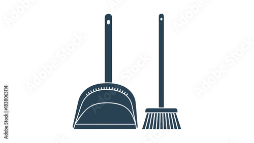 Simple dark blue dustpan and brush set on a black background minimalist illustration of cleaning tools with clean lines and solid colors ideal for household or commercial use