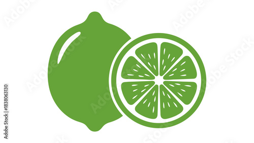 Simple Graphic Icon of a Whole Lime and a Sliced Lime in Vibrant Green Against a Solid Black Background Representing Freshness and Citrus Fruit