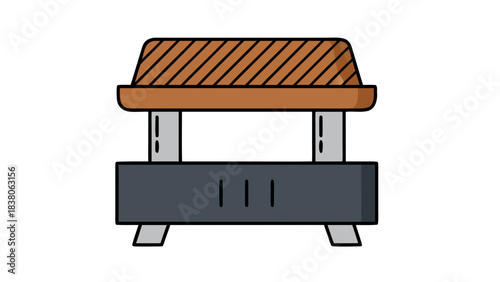 Simple Illustration Of A Barbecue Grill With A Wooden Top And Metal Grates On A Black Background