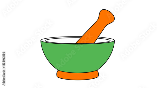 Simple Illustration of a Green Mortar and Pestle with Orange Accents on a Black Background Representing Traditional Medicine Preparation or Grinding Herbs for Culinary Use