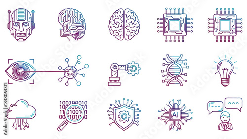 Gradient line icon set illustrating key concepts of artificial intelligence, machine learning, robotics, and data analysis. Ideal for modern digital innovation and future technology projects