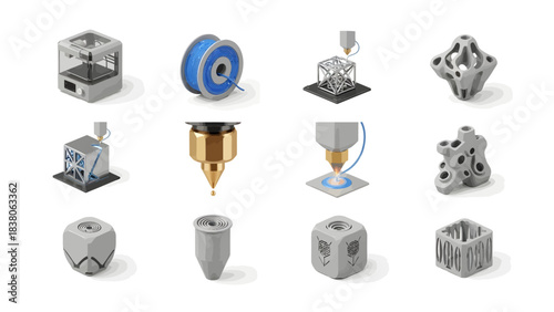 Modern 3D Printing Technology Icons for Additive Manufacturing and Rapid Prototyping, Showcasing Printers, Filaments, and Digitally Fabricated Objects