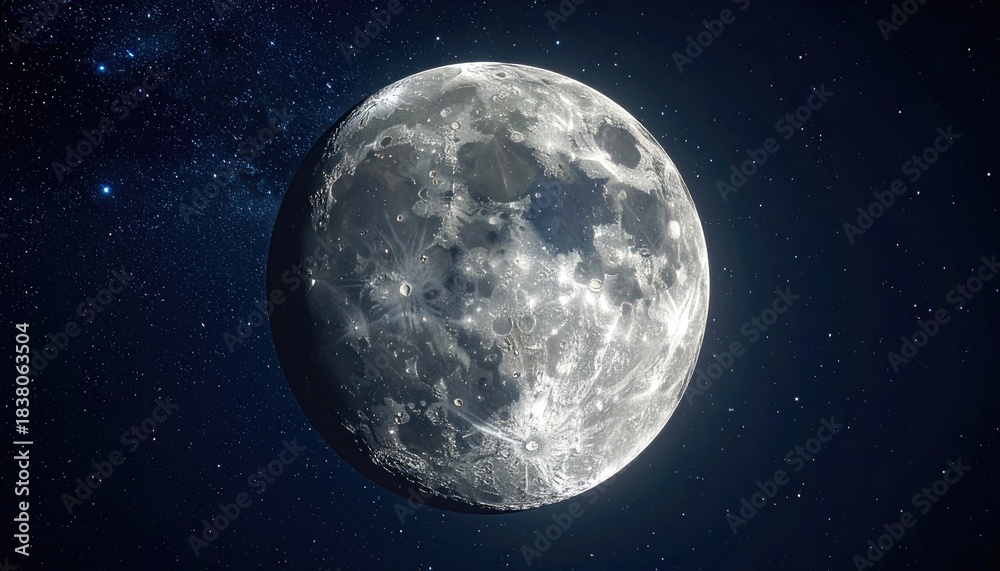 Obraz premium A highly detailed, illuminated view of the Moon's surface against the deep backdrop of space and stars.