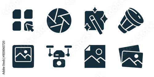 Digital media and interface excellent icon collection. Set of menu grid, shutter wheel, magic edit tool, spotlight, framed image, drone camera, file image, and gallery icons