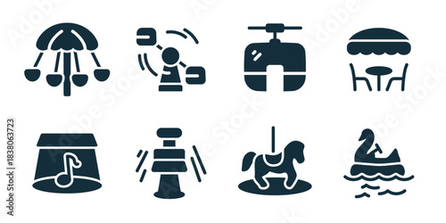 Park attractions excellent icon collection. Set of swing ride, spin ride, cable car, outdoor cafe, live music stage, tower game, carousel horse, and swan boat icons