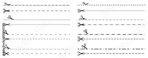 Scissor cutting lines in various dashed and dotted styles. Each line includes a small scissor icon for guidance