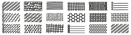 Hand drawn textures made of lines, dots and geometric strokes. Each texture shows unique pattern variations