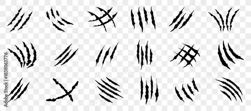 Claw scratch marks in various directions and patterns. Sharp dynamic silhouettes create aggressive effect
