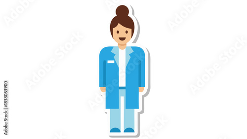 Smiling Woman Wearing Blue Medical Coat and Scrubs Standing Against a Black Background With Subtle White Outline Sticker Effect