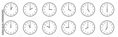 Analog clock collection showing various time positions. Clean lines and minimal details make each clock easy to read