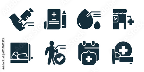 Medical procedure excellent icon collection. Set of injection, medical plan, blood test, clinic building, mri bed, patient check, calendar care, and hospital bed icons
