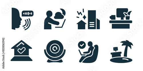 Remote work excellent icon collection. Set of voice command, online meeting, notification, desk, home check, webcam, chair work, and vacation icons