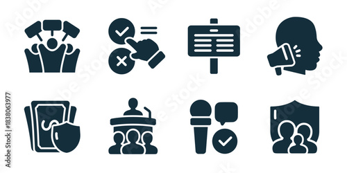 Politics and public speaking excellent icon collection. Set of protest group, vote buttons, bulletin board, announcement head, money shield, podium, microphone, and family protection icons