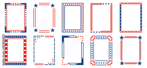 Decorative star frames with bold red and blue lines. Each frame shows different corner accents and patriotic motifs