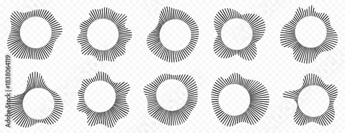 Radial abstract shapes created with repeating straight lines. Variations form soft circular silhouettes with organic edges