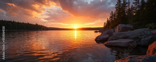 Sunset over calm lake water reflects golden orange sun. Pine forest lines distant shore. Rocky island border water edge. Tranquil natural landscape.