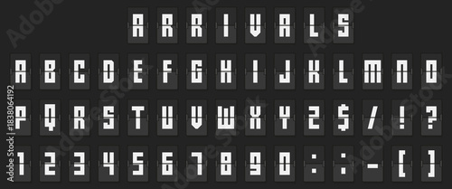Flipboard style alphabet and numbers with mechanical split panels. Characters appear in bold retro block form