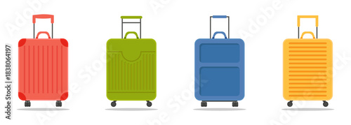 Travel luggage collection with four colorful suitcases. Simple shapes show handles wheels and light shadows