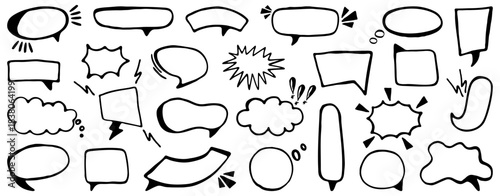 Hand drawn empty comic bubbles with dynamic shapes. Collection includes clouds bursts frames and speech forms