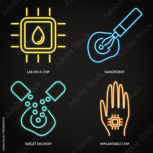Cell research and studies neon icon set