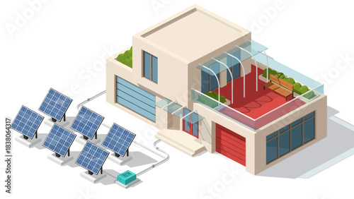 A stylish isometric house features a red-floored rooftop terrace and large windows, powered by a standalone ground-mounted system of six blue solar panels connected to a green battery unit