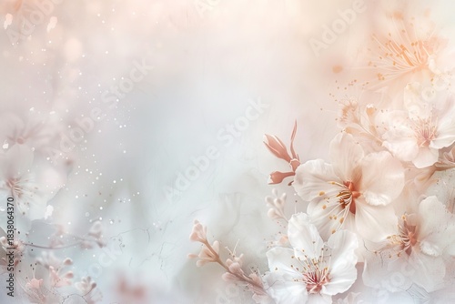 White flowers fill the space with their petals and branches in garden setting. Bright light shines through, creating gentle atmosphere in spring