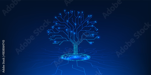 Tree combined with technological elements, representing the environment and sustainable innovation, ESG concept, green technology and corporate innovation for the world