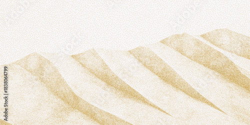 Desert dune silhouettes over grainy halftone texture with dusty speckles and faint grit, creating a warm vintage landscape with soft grunge atmosphere.