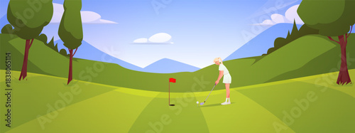 A woman with a club on a green golf course, a daytime landscape poster.