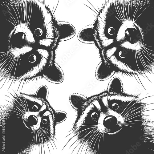 raccoons peering downward with wide-eyed expressions, ideal for humor or wildlife themes sketch engraving generative ai vector illustration. Scratch board imitation. Black and white image.
