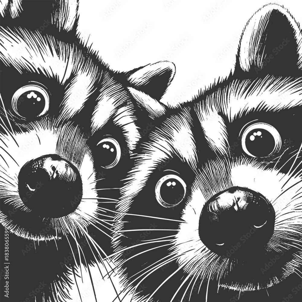 Naklejka premium Two raccoons peering downward with wide-eyed expressions, ideal for humor or wildlife themes sketch engraving generative ai vector illustration. Scratch board imitation. Black and white image.