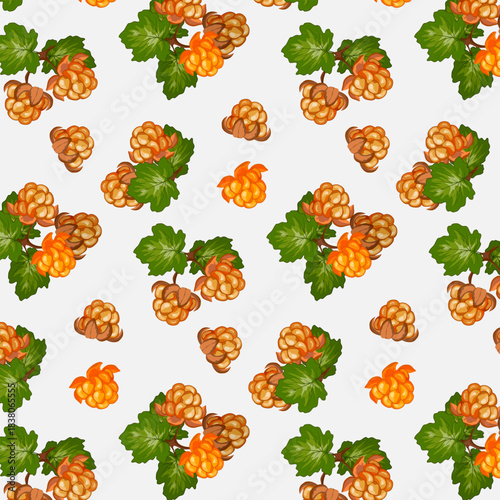 Yellow forest berry cloudberry on a light background.Vector pattern of yellow cloudberry with green leaves on a gray background.