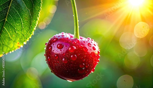 A vibrant, dewy, sun-kissed cherry hangs from its stem near a green leaf.