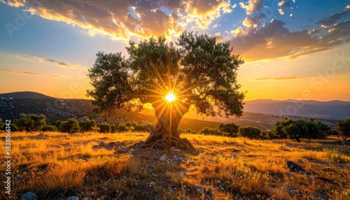 Magnificent ancient olive tree silhouetted against a vibrant, sunburst sunset over rolling hills.