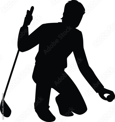 Man playing golf, knelt down with club and ball, sport leisure activity, healthy hobby vector black silhouette